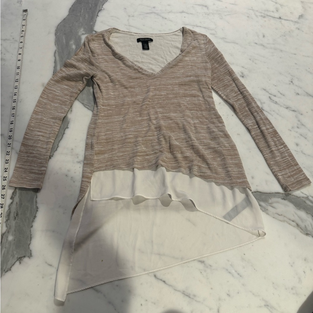 tan and white long sleeve comfy shirt with white under shirt. v-neck